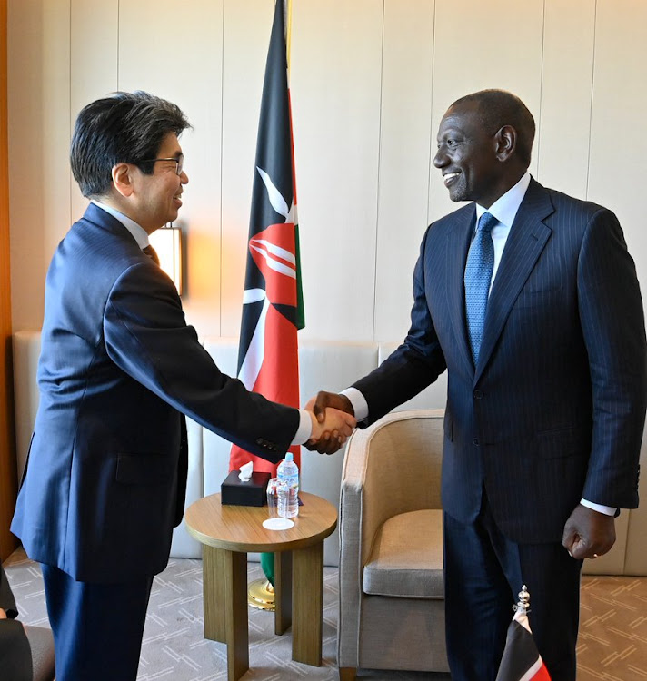President William Ruto with the Governor of the Japan Bank for International Cooperation (JBIC) Hayashi Nobumitsu in Tokyo, Japan on February 8, 2024.