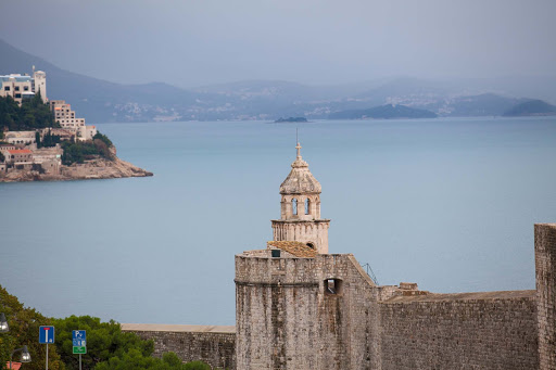 A bell tower overlooks the bay in Old Dubrovnik. 