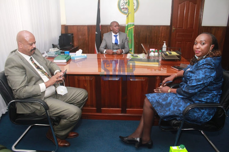 NMS Director-General Mohammed Badi, County Assembly Speaker Benson Mutura and Deputy Governor Anne Kananu at City Hall on January 27, 2021.