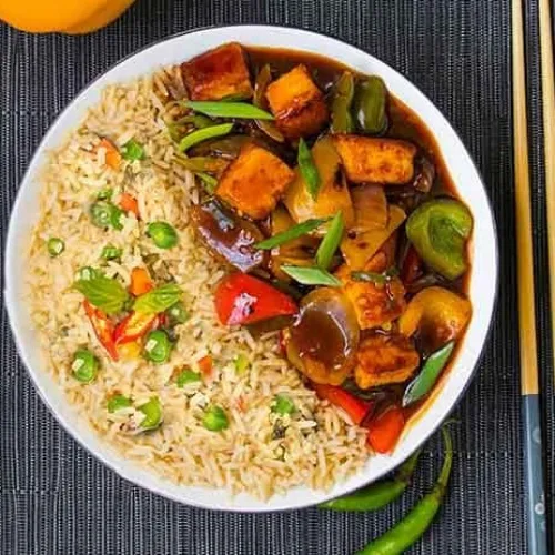 Veg Fried Riec With Chilli Paneer Bowl