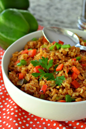 Spanish Rice is a combination of onions, peppers, garlic, rice and salsa.