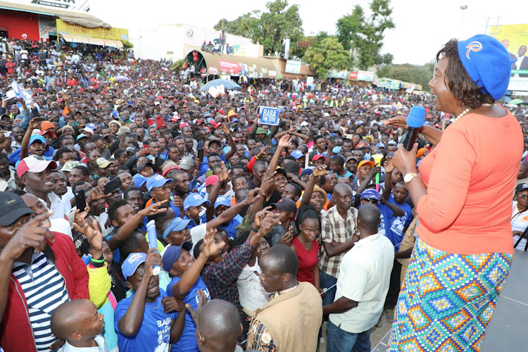 Kitui Governor Charity Ngilu addressing supporters during a campaign stop at Kalundu, Kitui County, June 15, 2022.