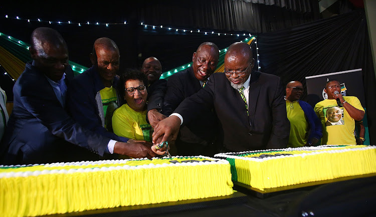 Members of the ANC Top 6 celebrate after cutting a cake during the ANC 106 birthday celebration held at the East London City Hall On Monday.