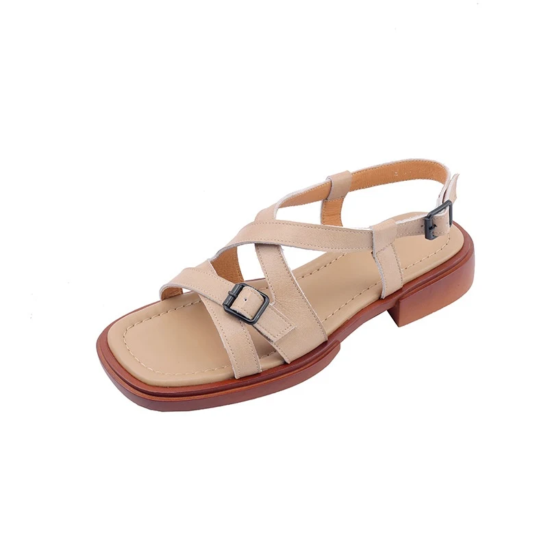Sandales rétro en cuir véritable à lanières croisées, bout ouvert, talon bas élégant, style romain, idéales pour la plage et un look tendance.