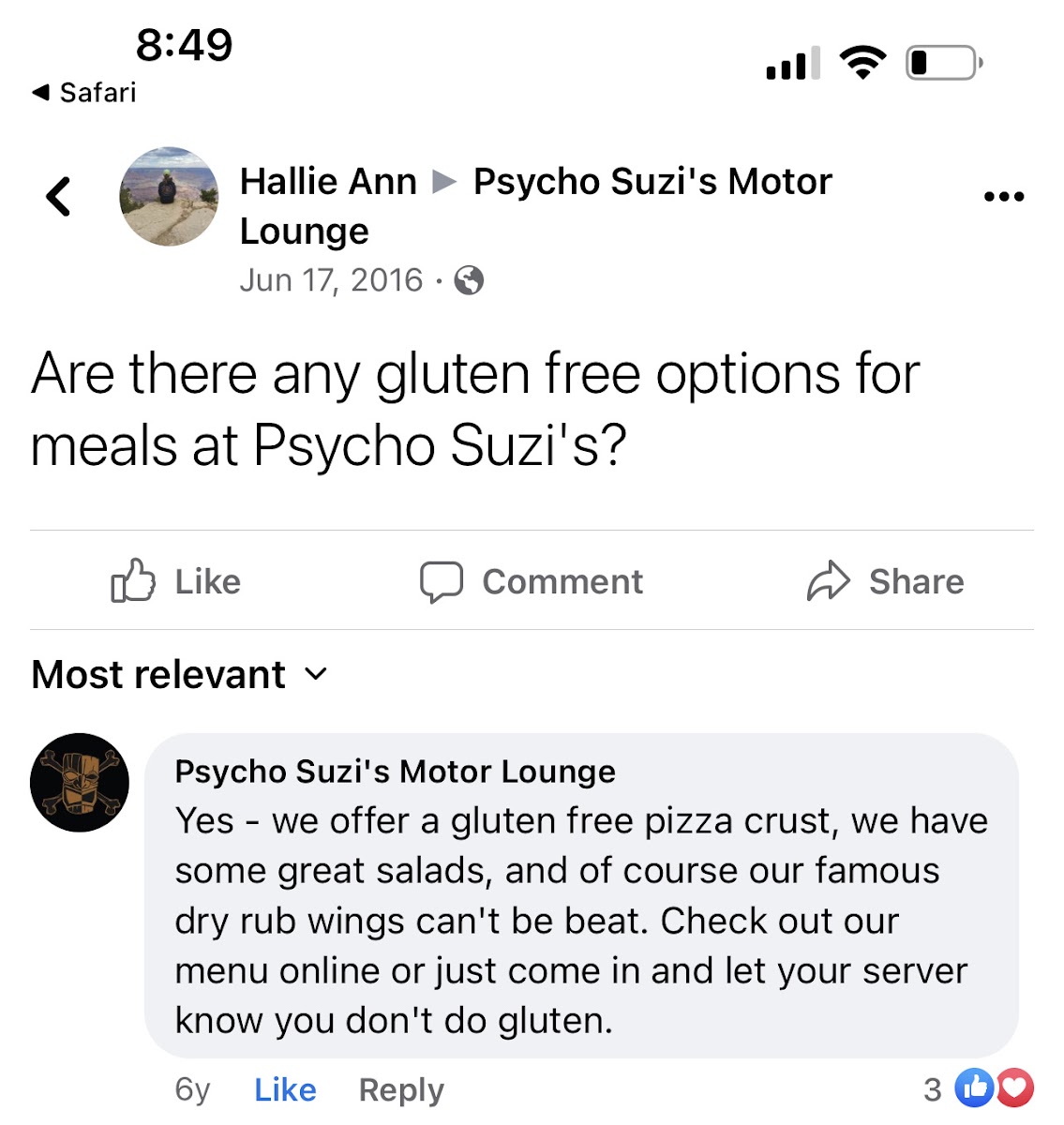 Psycho Suzi's Motor Lounge gluten-free menu