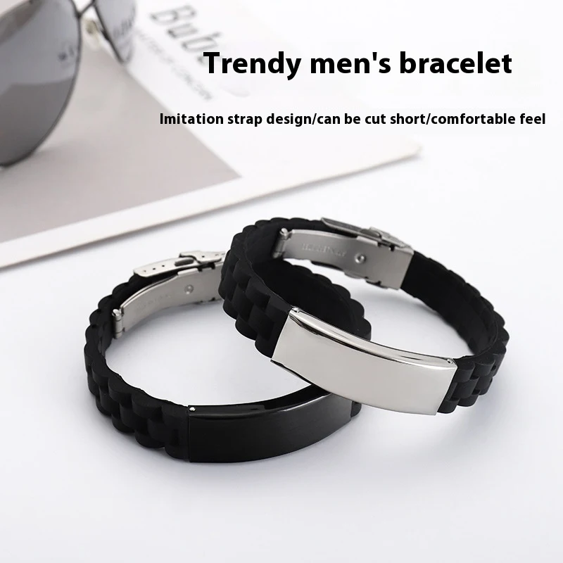 Trendy heren sportarmband van roestvrij staal met laser gravering, siliconen. Populaire Europese en Amerikaanse sieraden, eenvoudig design.