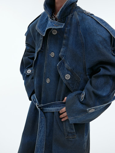Title 6, Double Layer Padded Shoulder Long Denim Coat. P...
