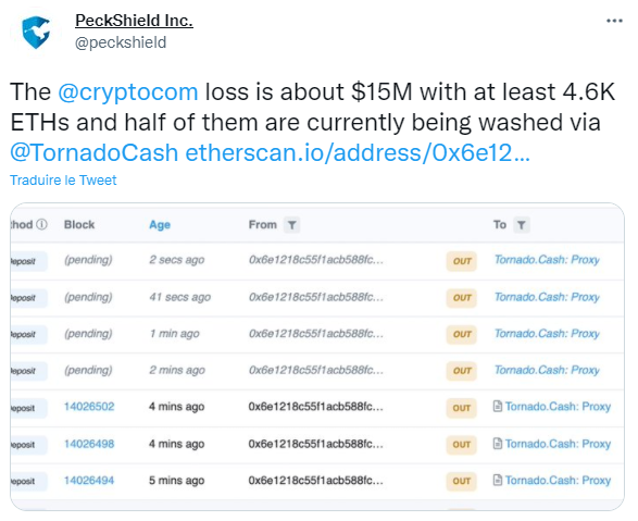 Publication Twitter PeckShield - hack Crypto.com perte 15 millions dollars 4 600 ethers