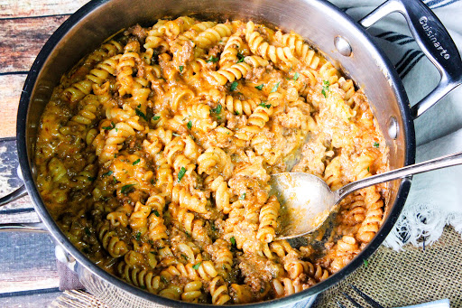 A skillet filled with Homemade Cheesy Italian Hamburger Helper.