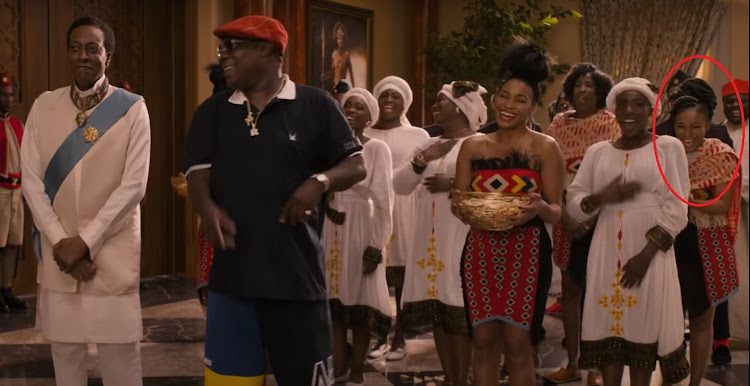 SA actress Nomzamo Mbatha can be seen sporting a look by MaXhosa Africa in this screen grab from the trailer for 'Coming to America 2'.