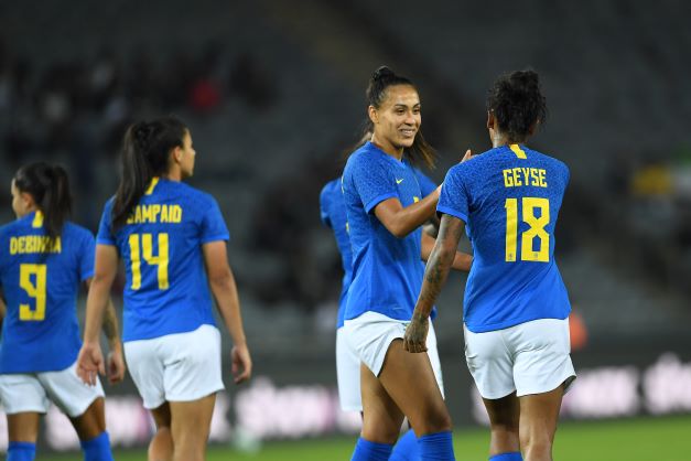 Brazil celebrates during the Women's International Friendly match against South Africa at Orlando Stadium on September 02 in Johannesburg.