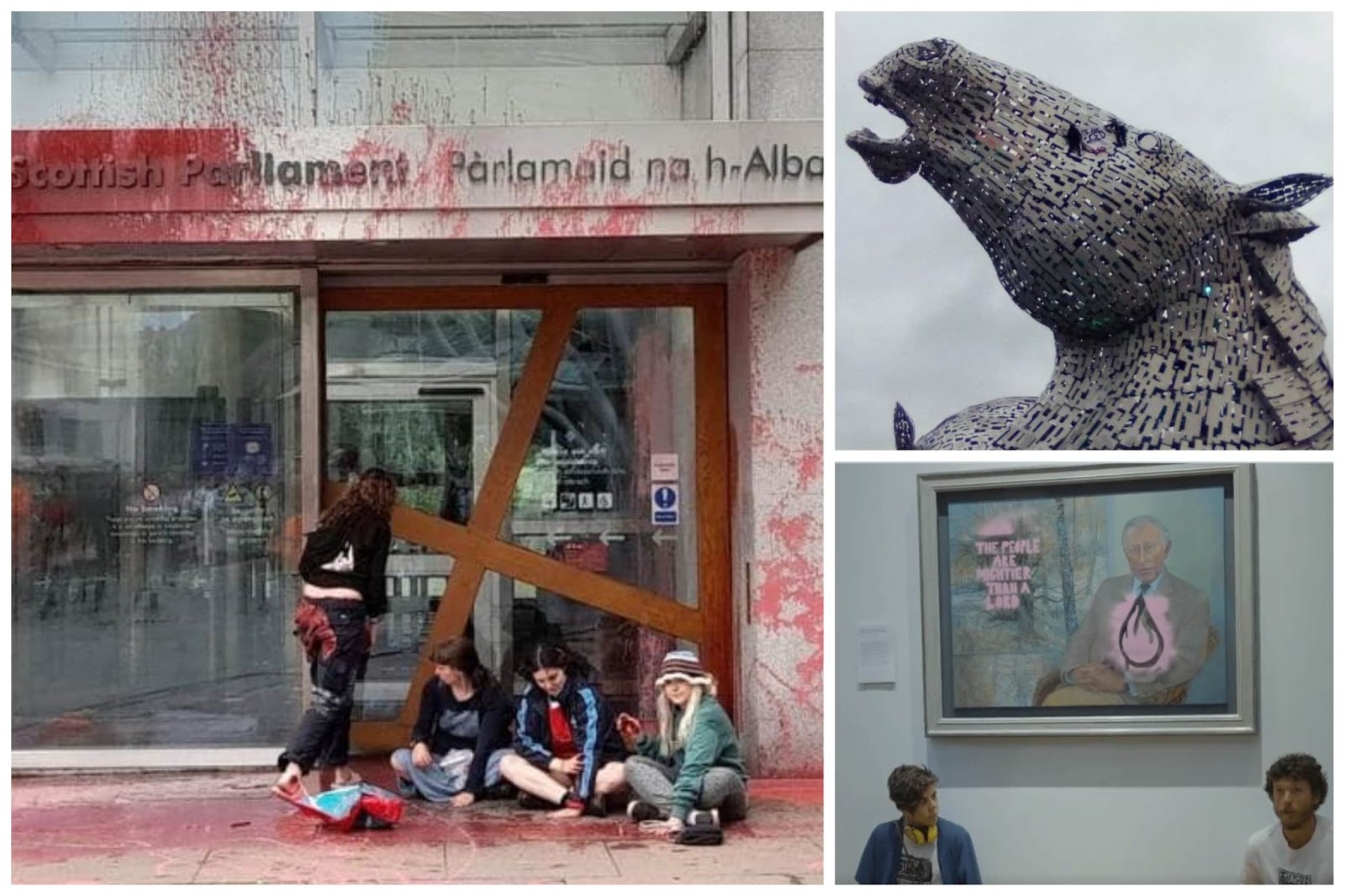 This Is Rigged activists sit at the entrance of a red painted splattered parliament, climb a giant horse head, and kneel under a portrait of the king with a message sprayed in pink over its glass