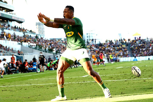 Sbu Nkosi celebrates after scoring a try during the Rugby Championship match between the Springboks and New Zealand at QCB Stadium on September 25, 2021 in Townsville, Australia.