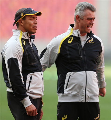 Ricardo Loubscher Backs Coach of South Africa with Heyneke Meyer (Head Coach) of South Africa during the South African National rugby team training session at Nelson Mandela Bay Stadium on June 25, 2014 in Port Elizabeth, South Africa.