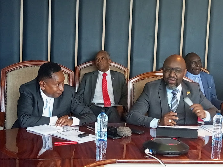 NHIF board chair Lewis Nguyai and CEO Peter Kamunyo during a meeting with the National Assembly health committee at NHIF headquarters on November 24, 2022