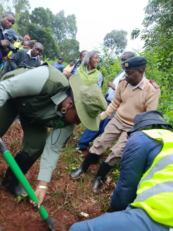 Deputy President Rigathi Gachagua's spouse Pastor Dorcas Gachagua waters a tree near University of Nairobi, Kikuyu Campus, Kihunguro area during the national tree planting day on May 10, 2024. She was accompanied by Deputy County Commissioner Charles Laboso, the entire subcounty security team and NGAO officers from Kikuyu and Kinoo Divisions.