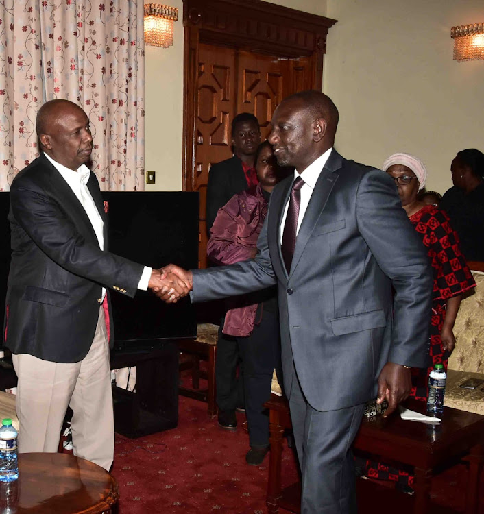 Baringo Senator Gideon Moi and Deputy President William Ruto at the late and former President Daniel Moi's Kabarak home on Tuesday, February 4, 2020.