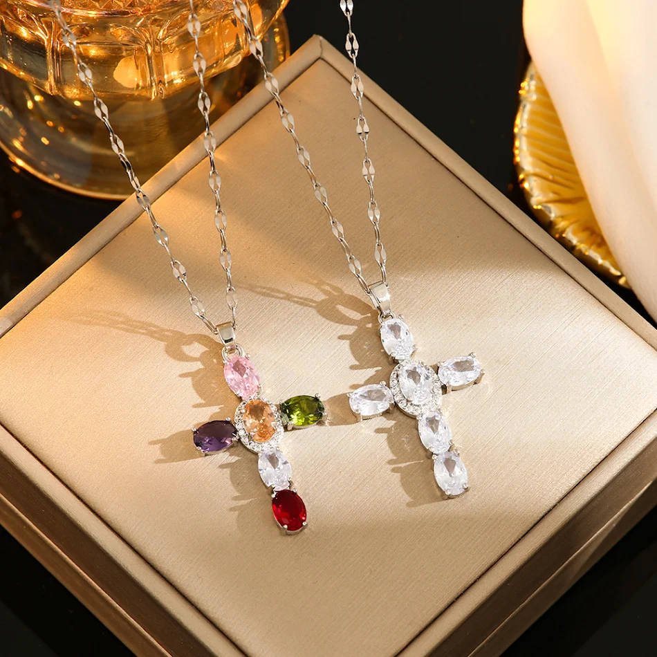 Gekleurde Zirkoon Kruis Ketting met Diamanten Vervaagt Niet Dames Sieraden Perfect Cadeau