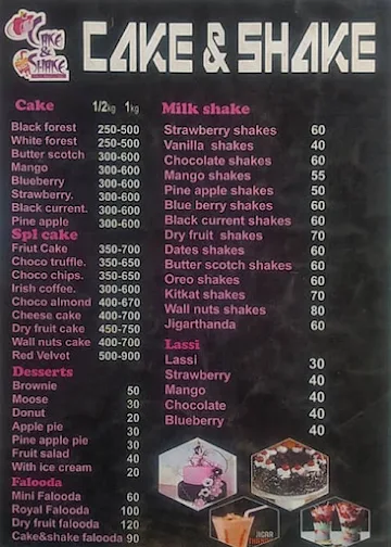 Cake & Shakes menu 