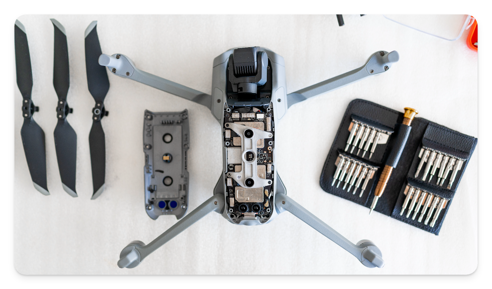 A disassembled drone.