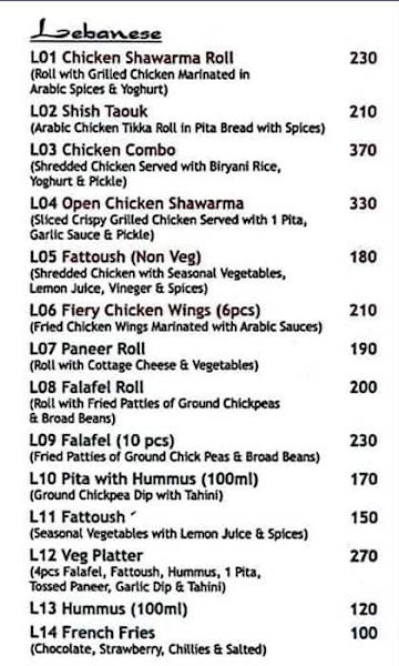 Nizaam's Kaati Rolls & Kebabs menu 