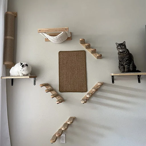 2 Pieces Set Cat Wall Mounted Climbing Wood Stairway with Hammock or Platform and Scratching Post for Kitten Playing and