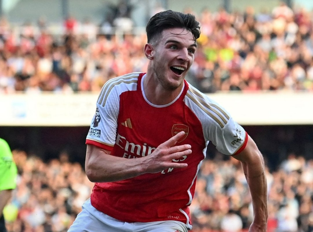 Arsenal's Declan Rice reacts during a past match against Manchester United