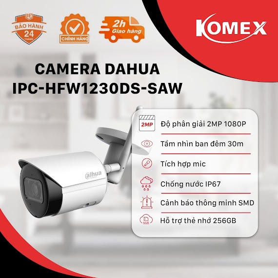 Camera Wifi Ngoài Trời Dahua Dh - Ipc - Hfw1230Ds - Saw 2Mp 1080P, Tích Hợp Mic, Hồng Ngoại 30M - Hàng Chính Hãng