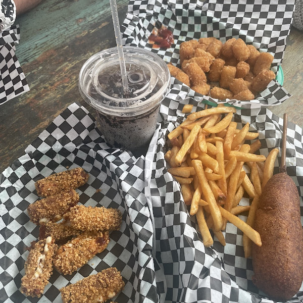 GF corn dog, GF truffle Parmesan tots, GF fries, GF mozzarella cheese sticks