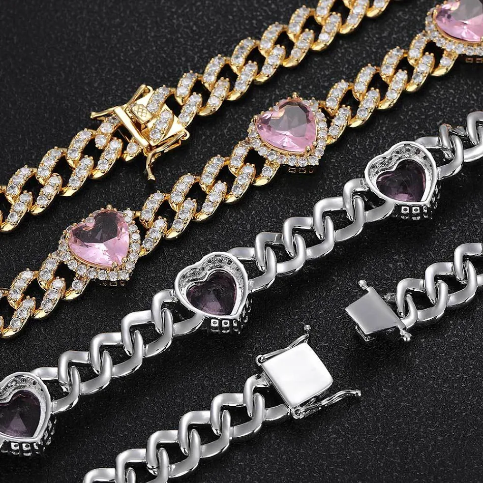 Love Pink Zircon Cuban Link Ketting voor dames, een elegante ketting met roze zirkonia's die je look verfraait en een vleugje vrouwelijkheid toevoegt.