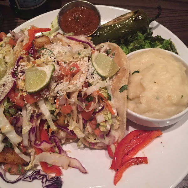 Fish tacos (with mashed potatoes instead of beans) Three generous servings! Delicious, fresh ingredients. Highly recommend!