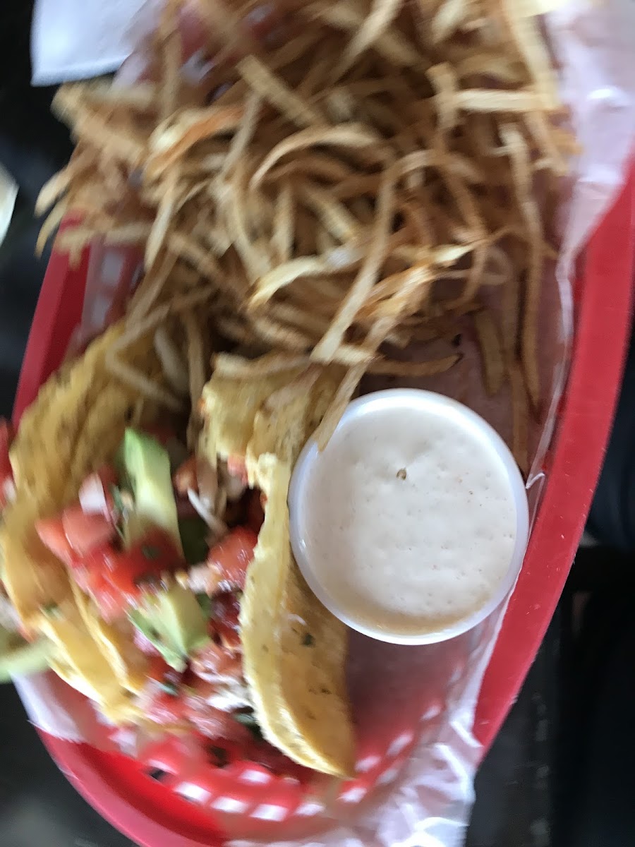 Blackened mahi fish tacos and shoestring fries