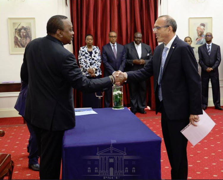 Israeli Ambassador to Kenya Oded Joseph presents his credentials to President Uhuru Kenyatta at State House, Nairobi, on September 3