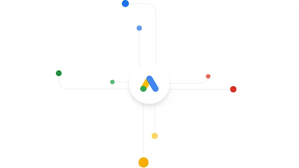 Linee di un circuito stampato che conducono al logo di Google Ads.