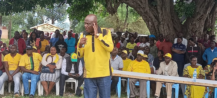 UDA gubernatorial aspirant in Nyamira Walter Nyambati addresses Kenya Kwanza supporters on Sunday April 10, 2022.