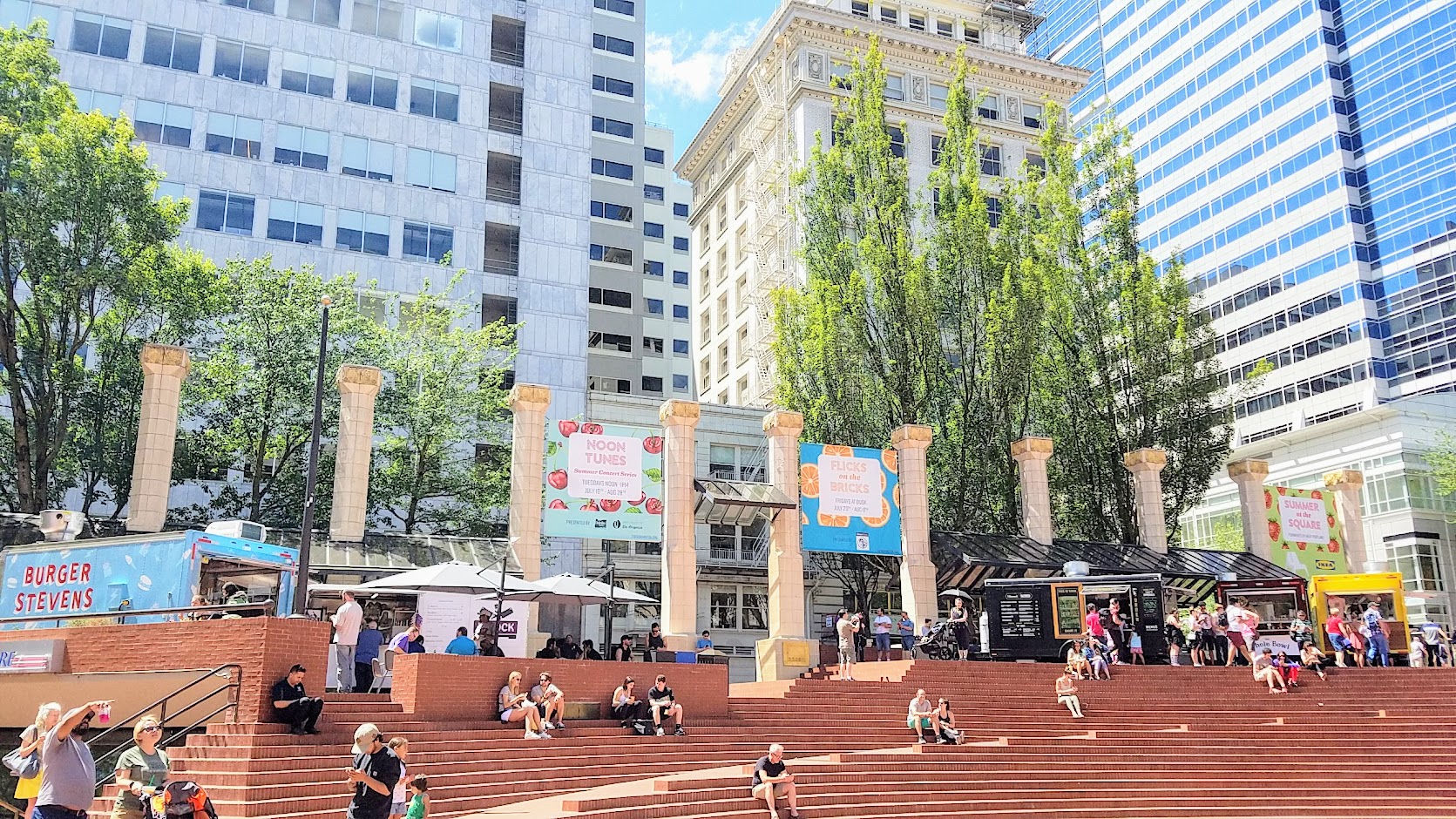 Pioneer Courthouse Square, the Carts on the Square are the 5 food carts located in the upper level of the square