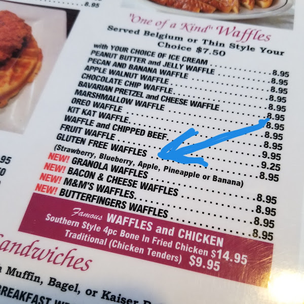 The only specifically gluten free item on the menu, WAFFLES!