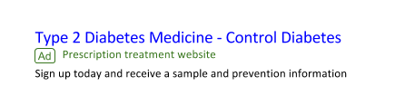 Example of a made up pharmaceutical ad for diabetes medicine that includes "Prescription treatment website" as the website description link