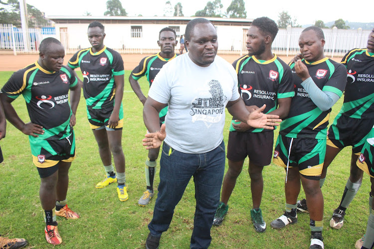Kisii RFC coach Eric Bosire gives instructions to his players at Gusii Stadium