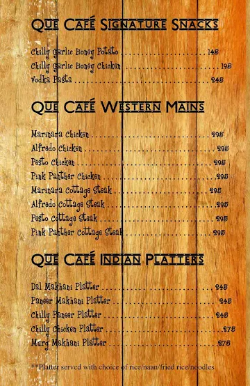 The Que Cafe menu 