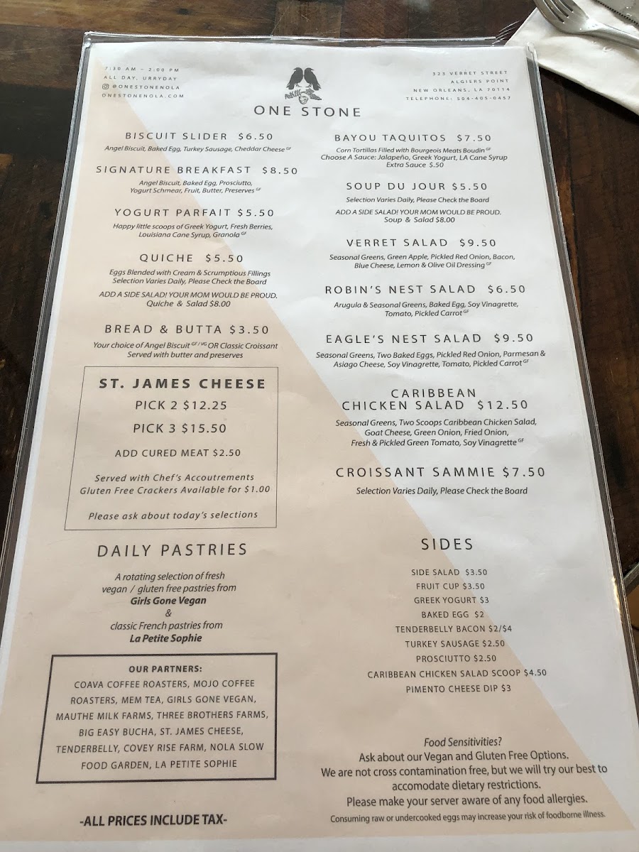 One Stone gluten-free menu