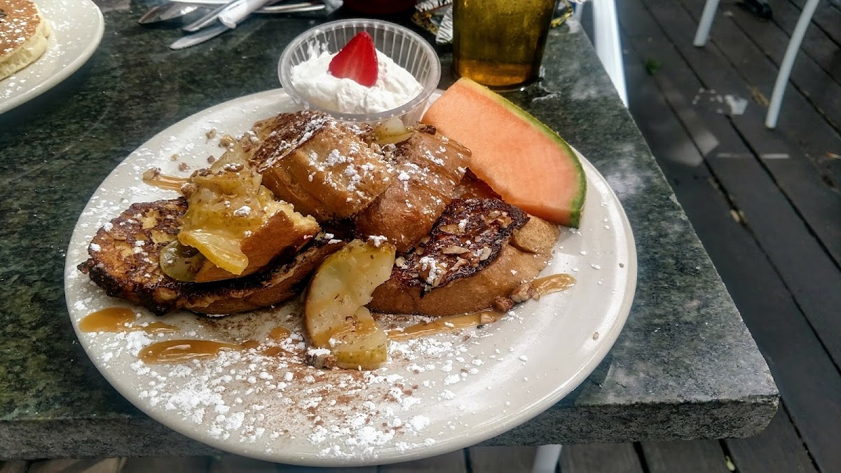 GF French Toast with pears, walnuts, caramel drizzle, and home-made whipped cream... simply amazing!