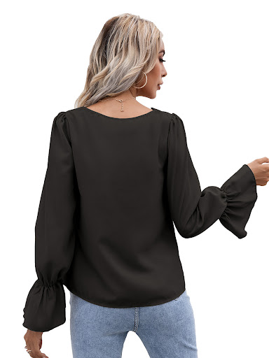 Title 28, Temperament V-neck Hollow Lace Long-sleeved Shi...