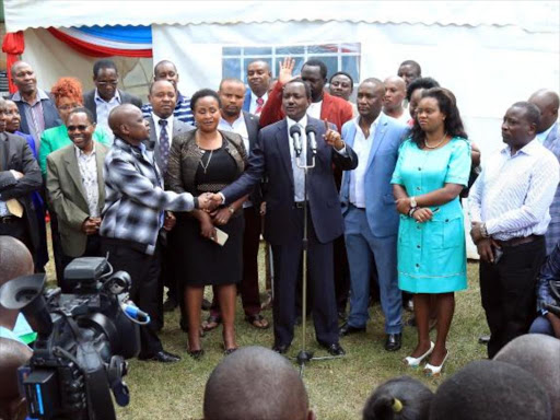 Wiper leader Kalonzo Musyoka with party members after a meeting in Nairobi, Monday February 12, 2018. /DENNIS KAVISU