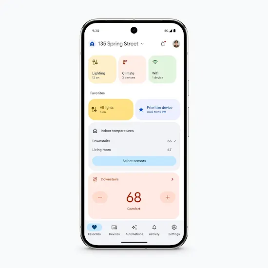 Pixel phone screen showing the Google Home app Favorites tab