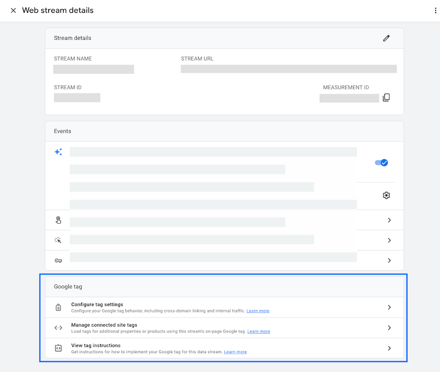 Captura de pantalla de la configuración de flujos de datos de Google Analytics 4. Los ajustes de la etiqueta de Google se encuentran en la configuración de flujos de datos