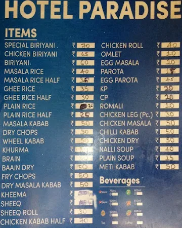 Hotel Paradise menu 