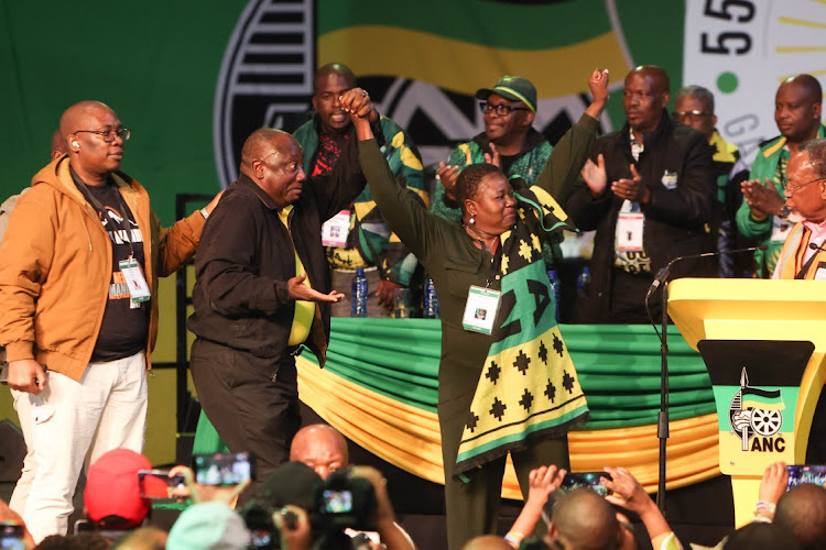 ANC President Cyril Ramaphosa is welcomed to stage after winning the election as party leader, on December 19 2022, at Nasrec, Johannesburg, during the 55th ANC National Conference.
