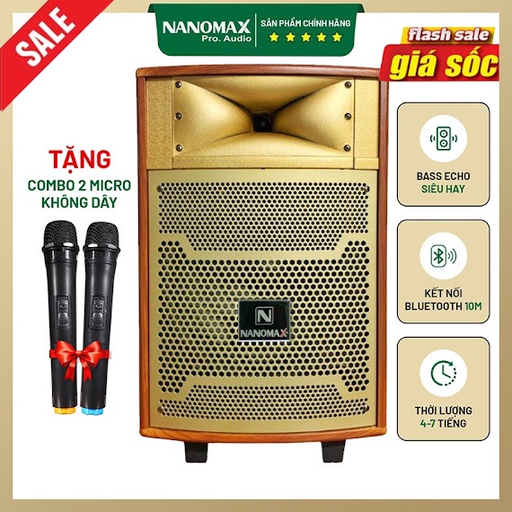 Loa Kéo Karaoke Nanomax S - 10B 2.5 Tấc Đọc Được Usb Thẻ Nhớ Công Suất 120W Tay Kéo Vân Gỗ Tặng 2 Mic Bluetooth