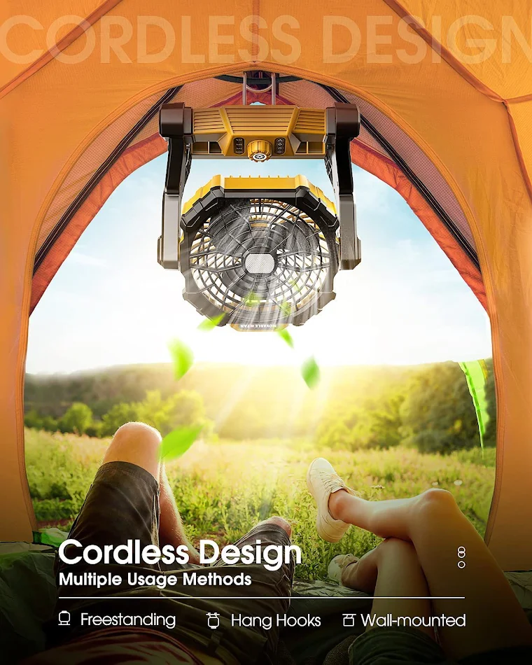 Comodo ventilatore piccolo ricaricabile USB per tenda, ideale per il campeggio, offre aria fresca e comfort ovunque. Portatile e pratico.